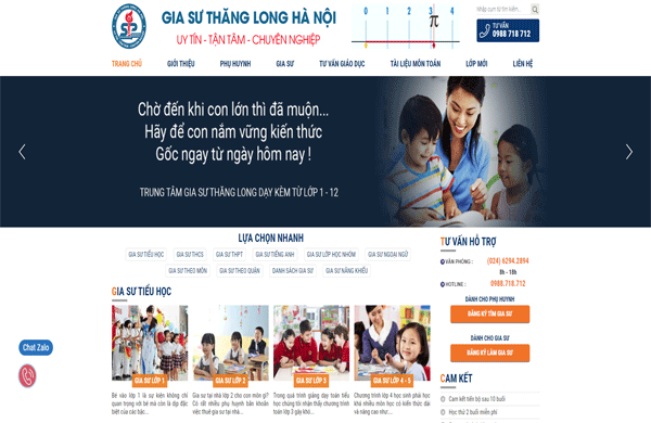 Giao diện thiết kế website trung tâm gia sư trình bày logic thu hút